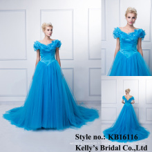 2015 vente chaude robe de bal bleu chapeau manche fleur dames longues femmes sexy usure occidentale robe de soirée robe de soirée